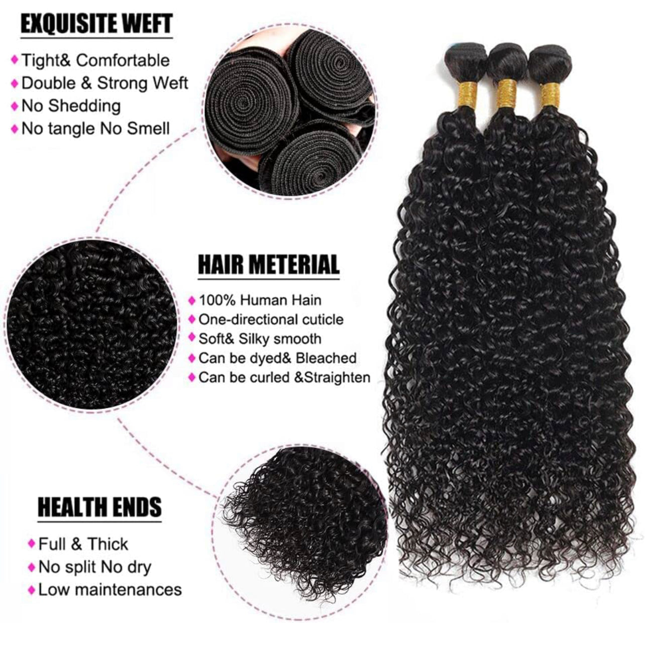 Paquete de 3 paquetes de cabello brasileño virgen 12A (rizado y crespo)